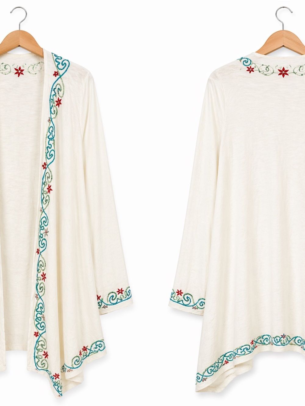 Embroidered Cream Open Front Cardigan Kimono | Size L